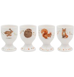 Start your day with this set of 4 white ceramic egg cups featuring wildlife designs.