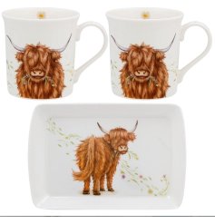 Sip in style with our charming Highland Cow Mugs & Tray set