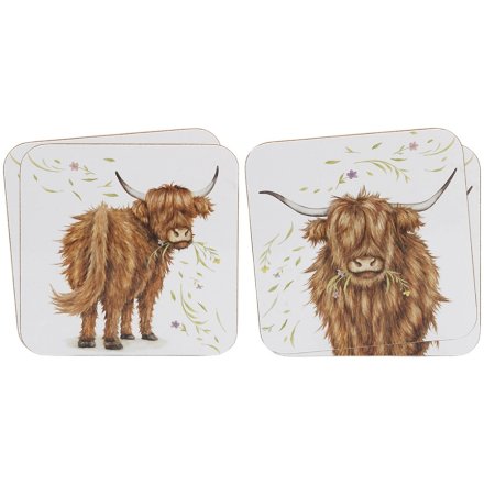 S/4 Highland Cow Coasters, 11cm 