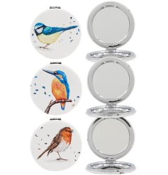 a stylish, pocket-sized mirror adorned with charming British bird 