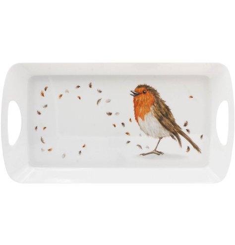 Chic and sturdy serving tray featuring a charming robin motif.