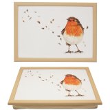 A chic lap tray featuring a charming robin design.