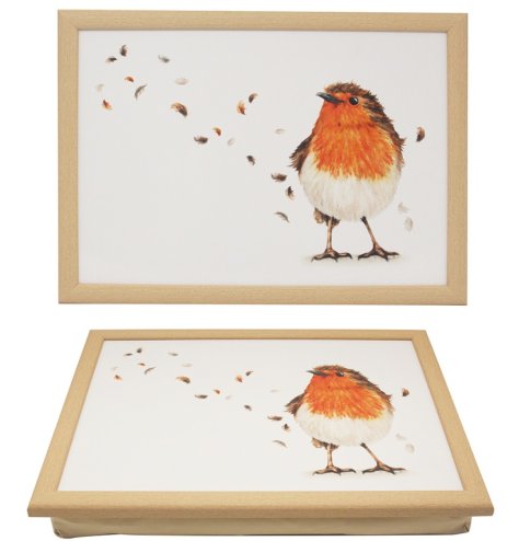 A chic lap tray featuring a charming robin design.