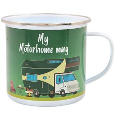 Retro green motorhome-themed tin mug with a vintage style.