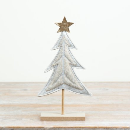 Delightful white felt tree mounted on a wooden stand.