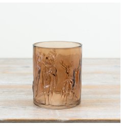 Embrace seasonal warmth with this artisan glass reindeer candle holder in rich brown tones