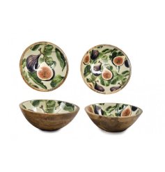 A mix of 2 wooden bowls, each with a fig and greenery enamel glaze for a fresh, natural look.
