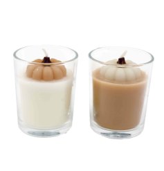 A mix of 2 glass pots, each with a candle featuring a wax pumpkin on top. Charming autumn decor!