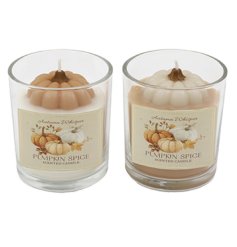 Delightful glass candle holder filled with festive pumpkins inside.