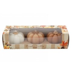 Add cozy, festive glow with our trio of detailed pumpkin candles, perfect for seasonal decor.