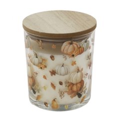 Stylish 9x10cm glass candle featuring an elegant design and a sleek wooden lid.