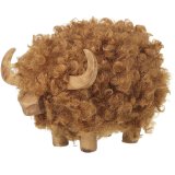 A charming decorative Highland cow featuring a natural wooden body and soft, fluffy textured coat