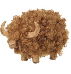 Decorative Highland cow featuring a wooden structure with a fluffy textured finish and carved detailing.