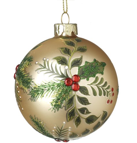Enhance your collection with this elegant gold glass bauble, featuring a charming festive foliage pattern.