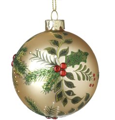 Enhance your decor with this chic gold glass ornament, featuring a festive leafy pattern for seasonal charm.