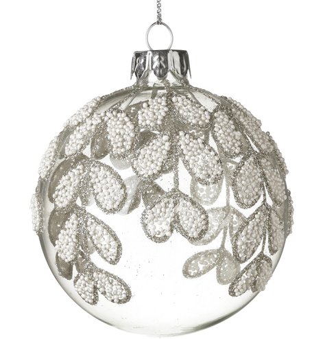 Elevate your holiday decor with this elegant White Beaded Leaf Glass Ornament.
