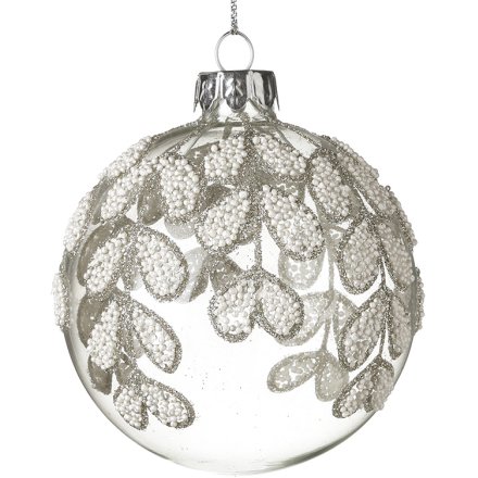 White Beaded Leaf Design Glass Bauble, 8cm 