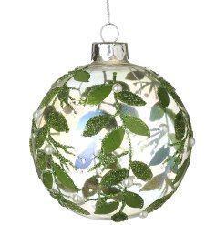 Elevate your festive décor with this exquisitely detailed glass bauble, inspired by the classic mistletoe motif.