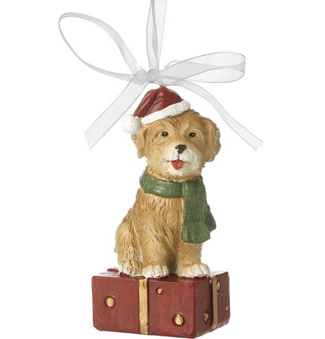 Decorate your tree with this adorable Christmas Dog on Present Ribbon ornament for a festive vibe.