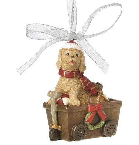 Bring holiday cheer with this Christmas Dog in Cart hanging ribbon decoration.