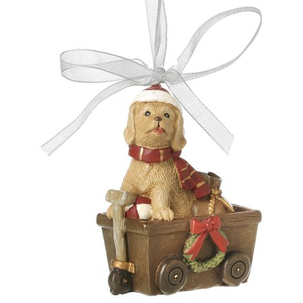 8cm Hanging Ribbon Christmas Dog in Cart