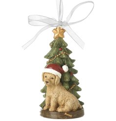 Deck your tree with this festive Hanging Ribbon Ornament featuring a Christmas dog and tree design.