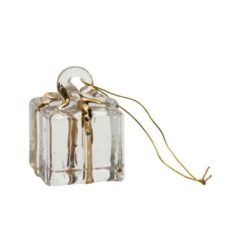 Bring festive charm with this delicate gold glass hanging present ornament.