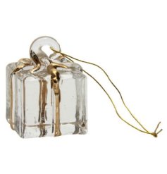 Bring festive charm with this elegant hanging glass gold gift decoration.
