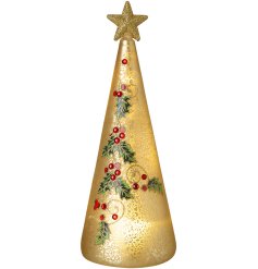 Brighten your holidays with the glowing Gold Glass Holly Tree decoration.