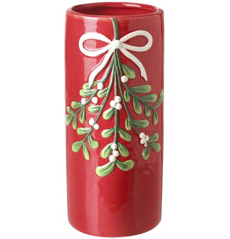 Bring festive charm to your space with this lovely red ceramic pot.