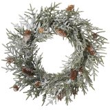 Add cozy seasonal charm with this Snowy Wreath featuring frosted evergreens and natural pinecones