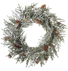 Bring winter warmth with this Snowy Wreath, adorned with frosted evergreens and rustic pinecones.