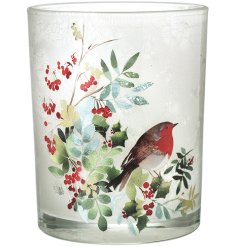 An elegant frosted glass candle holder with traditional robin design