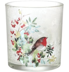 A stylish frosted glass t-light holder with Christmas robin.
