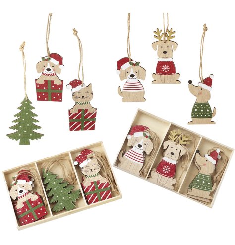Delightful red and green wooden tree ornaments with playful cats and dogs, presented in elegant gift boxes
