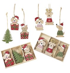 Charming red and green wooden tree hanger featuring playful dogs and cats, beautifully gift boxed