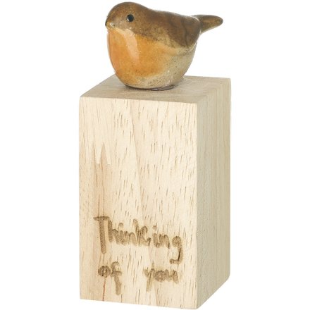 8.5cm Thinking Of You Robin Natural Wood Block