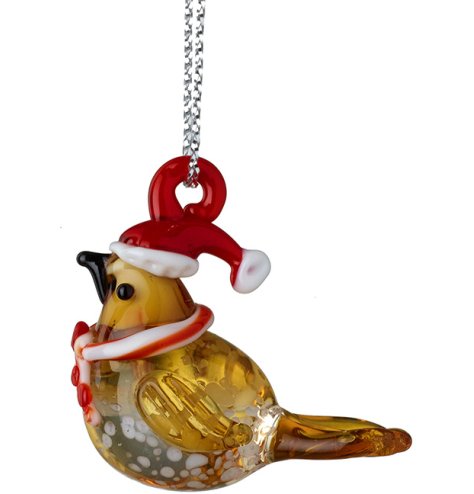 Bring holiday cheer with this delicate Hanging Glass Bird wearing a festive Santa Hat.