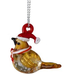 Add festive charm to your décor with this delicate Hanging Glass Bird in a Santa Hat