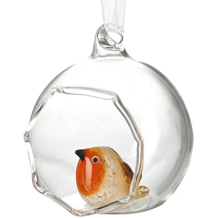 Robin Open Glass Bauble, 7cm 