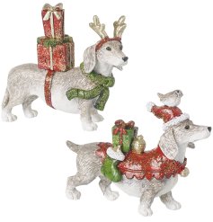 Endearing holiday dog adorned with presents and a bird, ideal for Christmas display