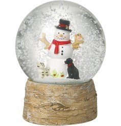 Bring holiday joy with this Snowglobe featuring a snowman, dog, and cat.