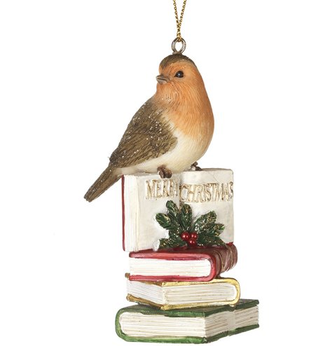 Bring natural charm with this delightful Hanging Robin resting on a cozy stack of books.