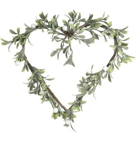 Bring holiday cheer to your space with this lovely heart-shaped mistletoe wreath.