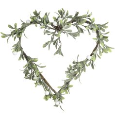 Bring holiday cheer with this lovely heart-shaped mistletoe wreath for your home.