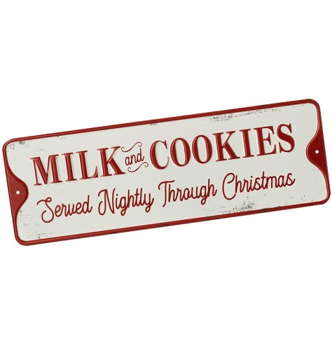 Vintage-style metal festive sign in classic red and white Christmas hues.
