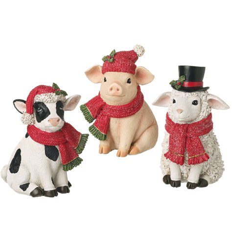 Add festive charm with these adorable sitting farm animal ornaments ideal for Christmas displays