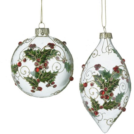2/A Holly Glass Baubles, 8cm 