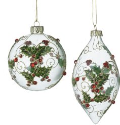 Bring classic festive elegance to your tree with these charming holly glass baubles