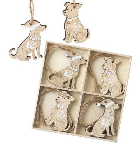 Enhance your holiday decor with this adorable set of Wooden Hanging Festive Dogs.